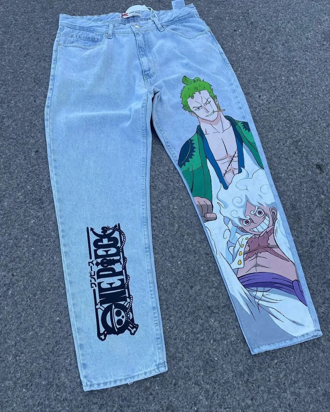 Harajuku anime printed bag jeans Luffy and Zoro wide leg Trouser Y2k womens mens high waisted pants 240820