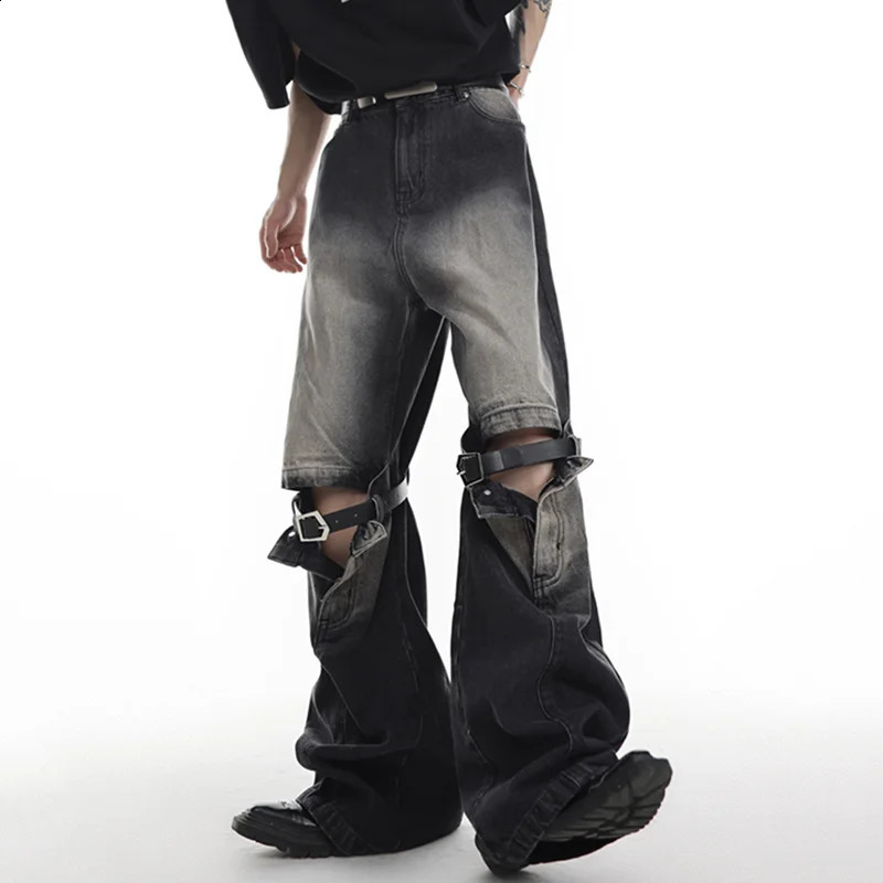 FEWQ Vintage Men Spliced Micro Flared Jeans American Style High Street Wide Leg Straight Denim Pants Summer Clothing 9A8932 240821