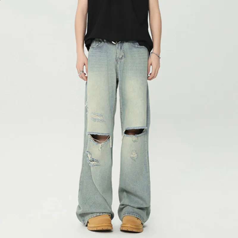 IEFB High Street Mens Jeans Straight Loose Hole Worn-out Men Denim Pants Summer Trendy Male Trousers Women 9C6631 240821