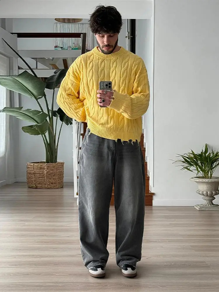 Casual Yellow Half Turtleneck Sweater Men Fashion Long Sleeve Tassel Knitted Pullover For Autumn Lazy Long Sleeve Knitted Jumper 240821