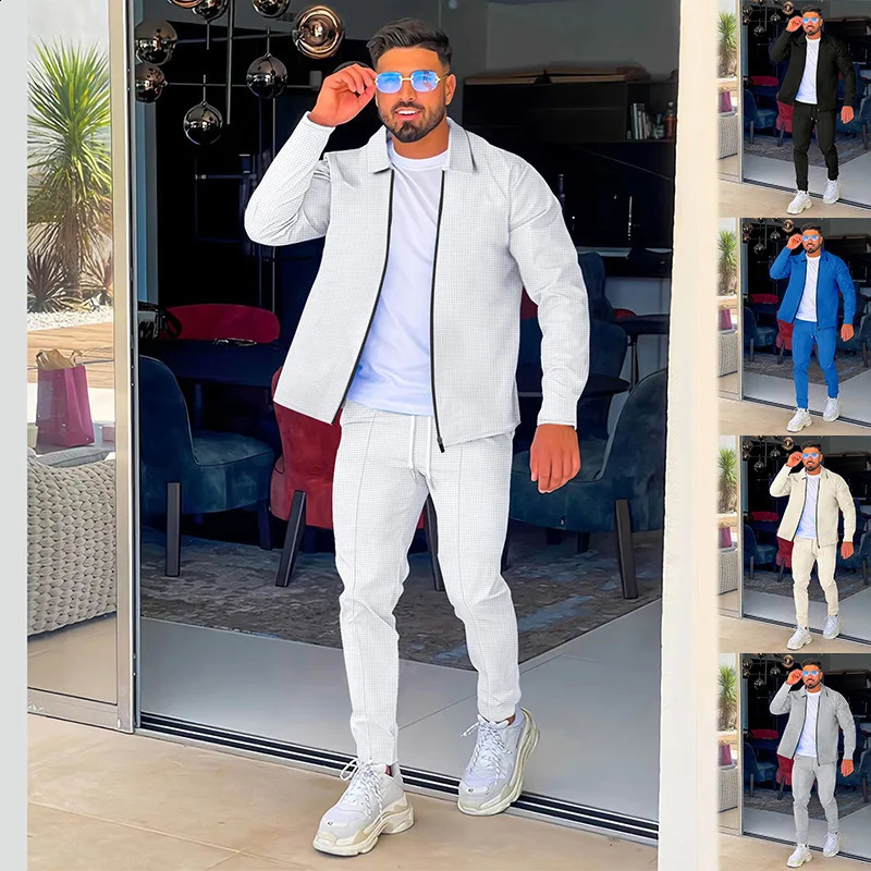 mens waffle long-sleeved lapel zipper cardigan casual sports suit 240821