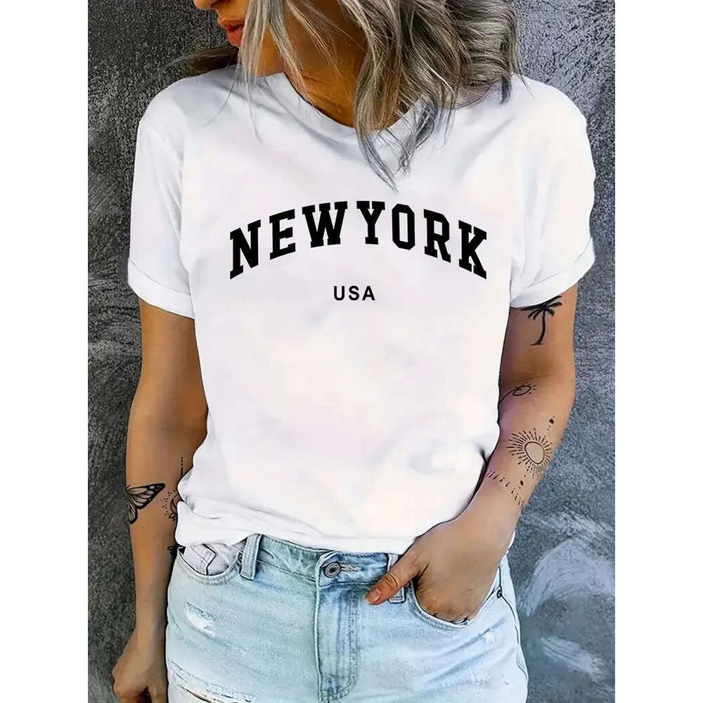 T Women Shirt Cartoon NEW YORK' 'USA Letter Print Crew Neck Loose Top Tee Black Female Summer T-shirt 90s Girls Graphic op ee -shirt