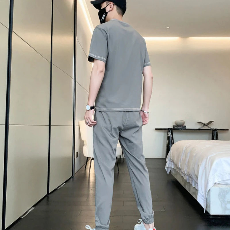 Male T Shirt Pants Sets Korean Style Black Fashion Top Slim Fit Fashion Essential Cotton In Matching Xl Clothes for Men 240821