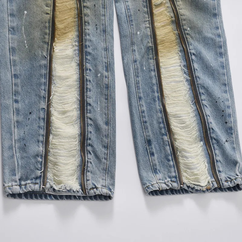 IEFB Vintage Men Jeans Pant Harajuku Straight Ink Painted Baggy Denim Trousers Personality Front Zipper Distressed Washed 9C1120 240821