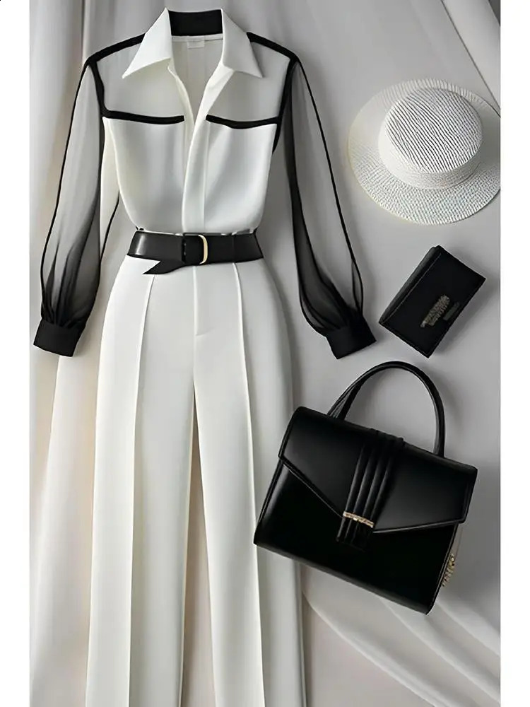 White Tailored Trousers Loose Pants Suit Womens Two Peice Sets Vintage Perspective Shirt Autumn Blouse Sleeve Korean Top 642 240820