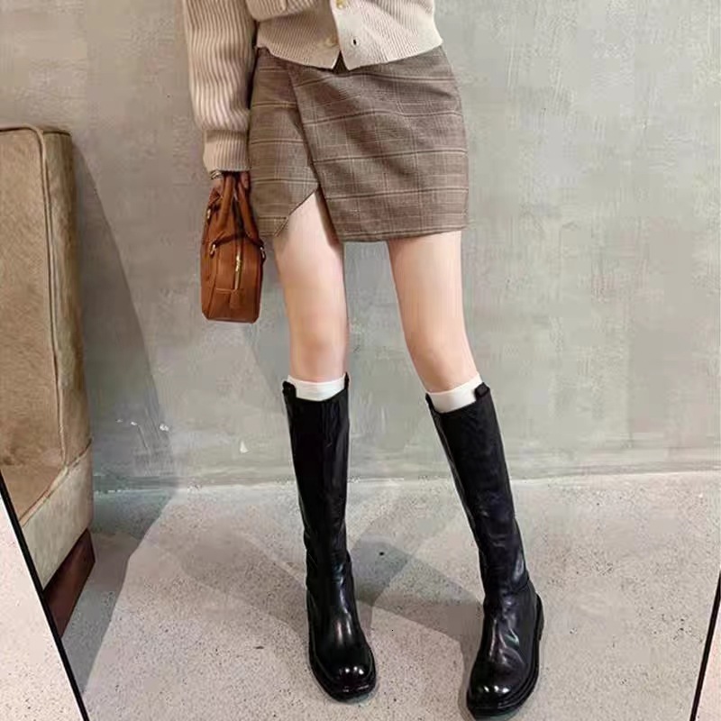 Ddmysports Recommended By Su Yinyin The Same Style Of Two Hands Washed Cowhide Pleated Back Zippered Thick Soled Mid Height Long Boots For Women S Kni