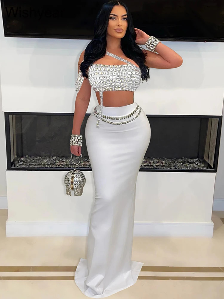 y Celebrity Evening Club Womens Sexy Black One Shoulder Diamond Long Skiing and Crop Top Two Piece Set 240821