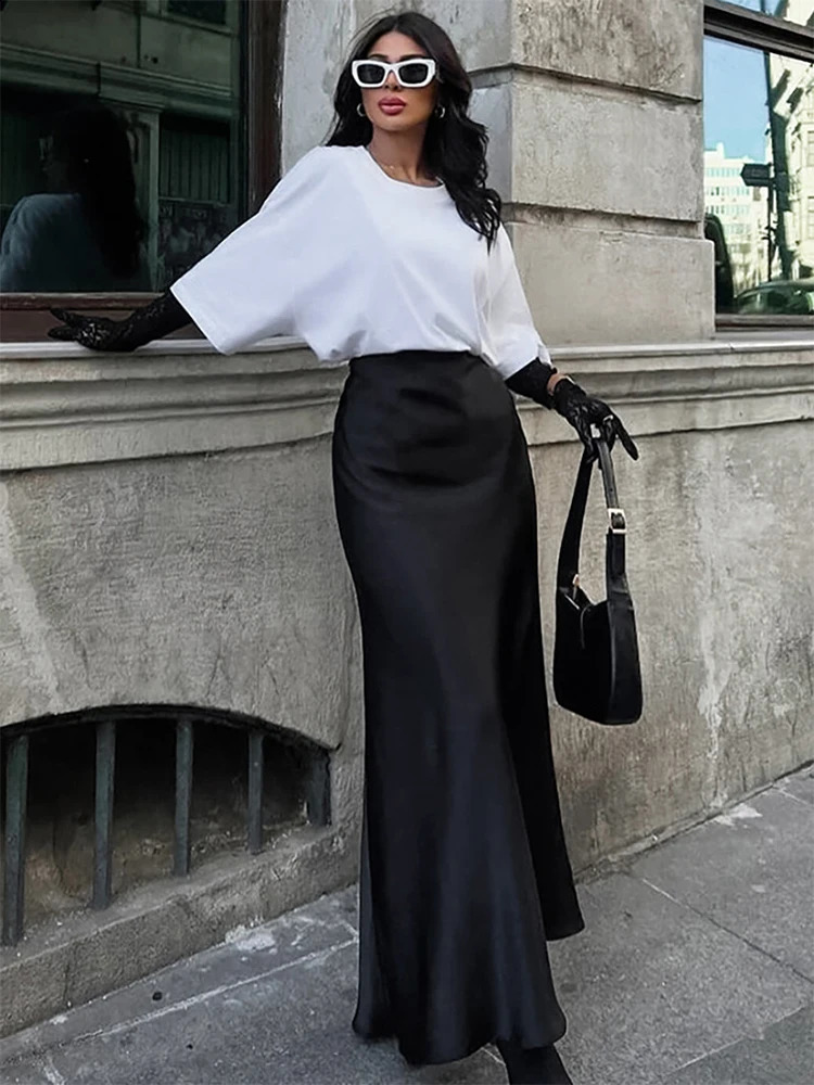 Aynaray Autumn Winter Women Sexy Maxi Satin Trumpet Skirts High Waist Flare Long Skirt Female 240820