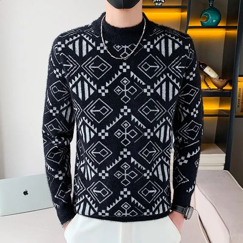 Mens Autumn Winter Korean Slim Trendy Sweater Round Neck Standard Bottom Printed Long Sleeved Pullover Casual Knitted Tops 240821