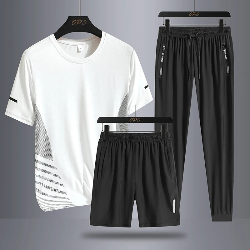 Summer mens sports running three piece set with round neck short sleeved T-shirt shorts long pants loose ice silk set 240821