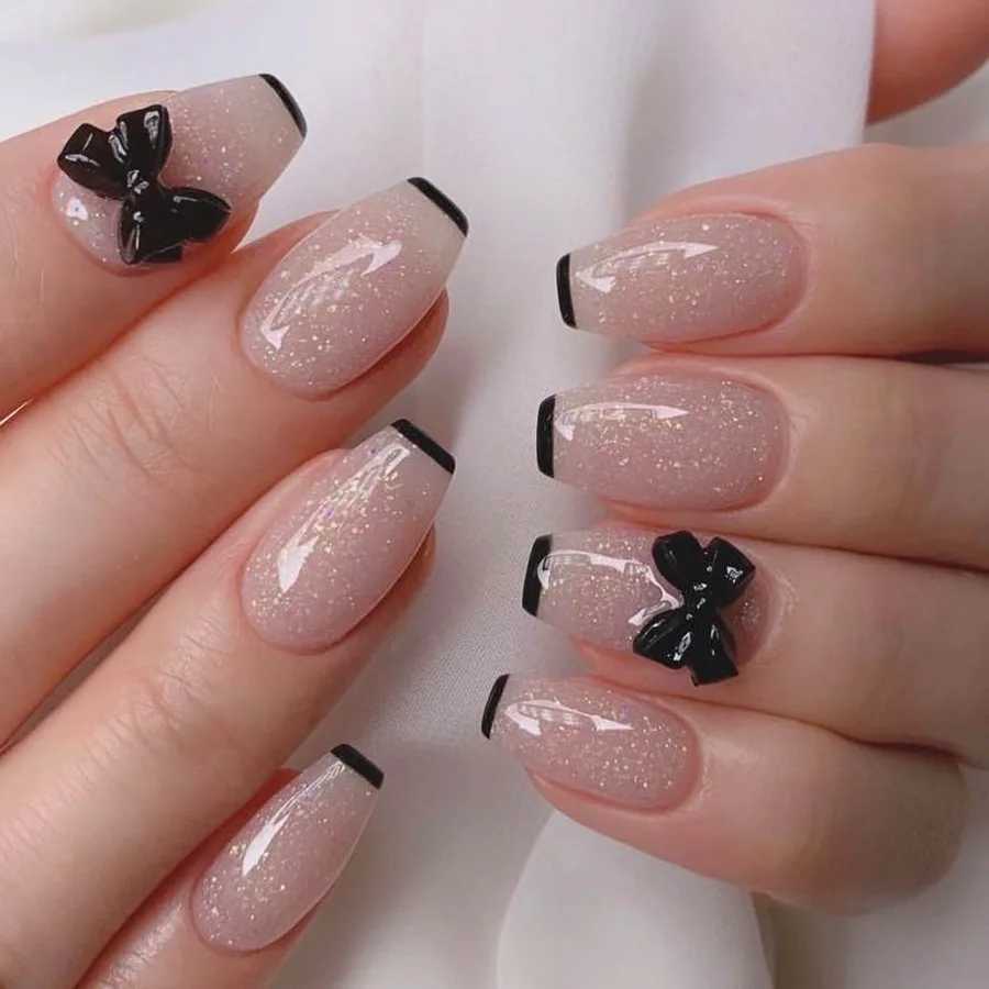 24Pcs Mid-length French Full Cover False Nails Black Bow Design Press on Nails Wearable Simple Ballet Manicure Fake Nail TipsXJ250110