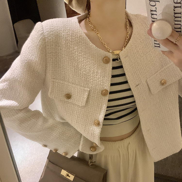 Women's Jackets Chic Tweed Coat Female Elegant O Neck Cropped Jacket Women Spring Fall Luxruy Korean Fashion pocket white Outwear Clothing 231010
