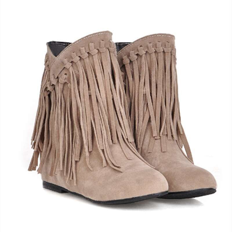 Lady High Increasing Heel Boots Short Tassel Bootie With Fur For Winter And Autumn Chunky Sole Women Warm Shoes Plus Size Brown