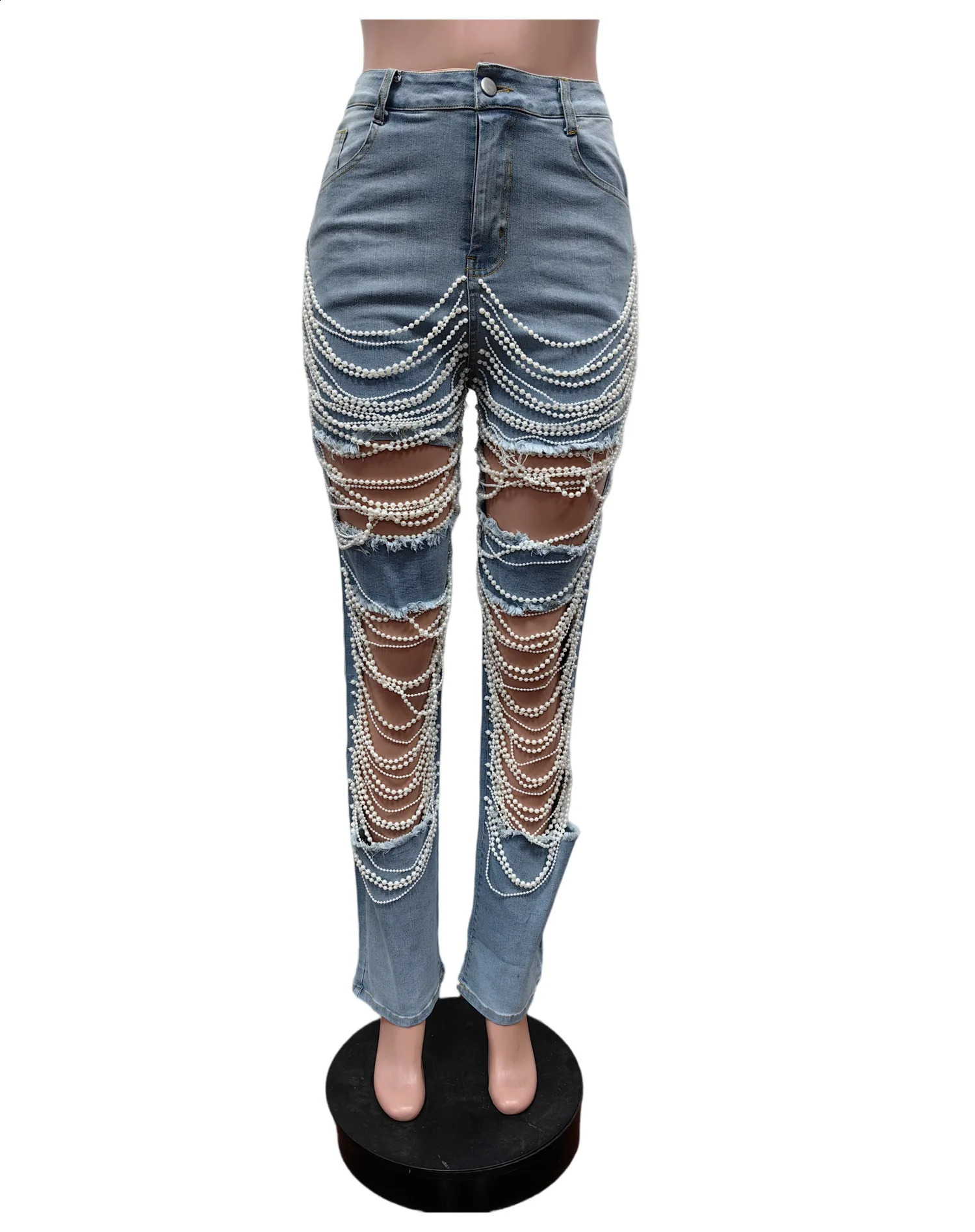 stretch fashion ripped pearl chain decorated jeans 240821