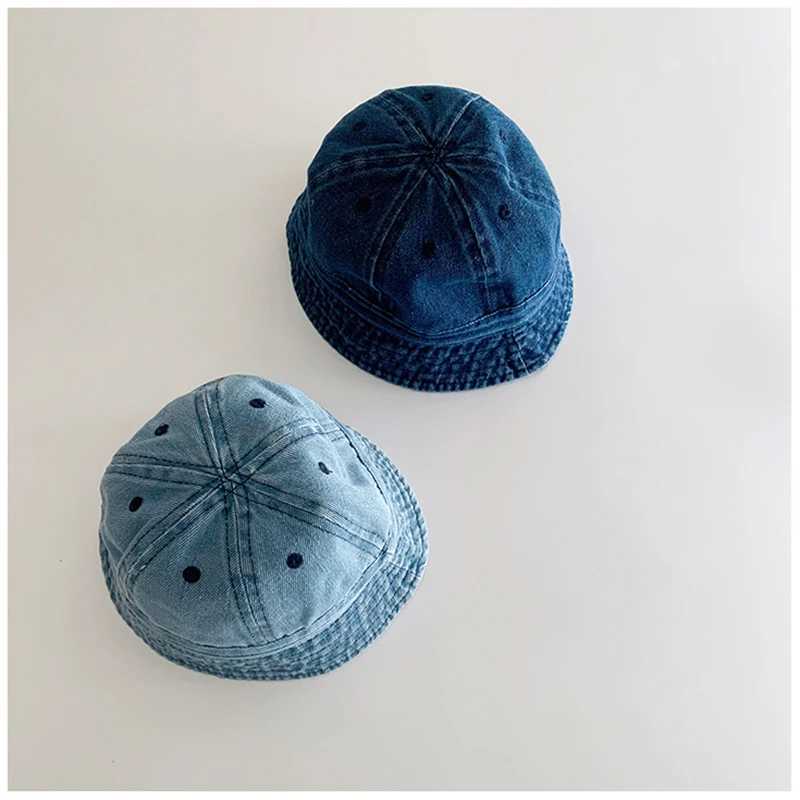 Folding Baby Denim Bucket Hat Retro Childrens Sunscreen Hat Summer Fishermans Hat Windproof Belt Boys and Girls Sunset Hat W240820
