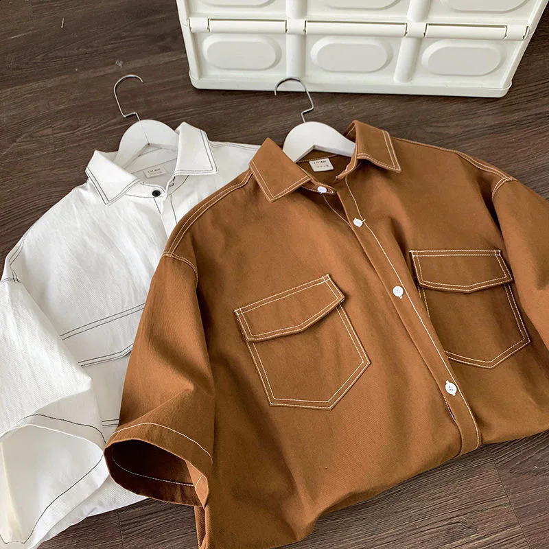 Japanese Vintage Short Sleeve Shirts for Men 2024 Pocket Printed Fashion Polo Neck Button Casual Men Clothing Tops 240821