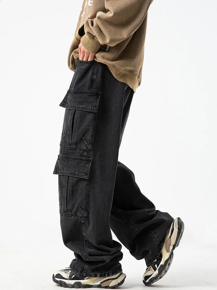 Autumn Cottom Men Cargo Jeans Baggy American High Street Multi-pocket Youth Overalls Fashion Streetwear Vintage Wide Leg Pants 240821