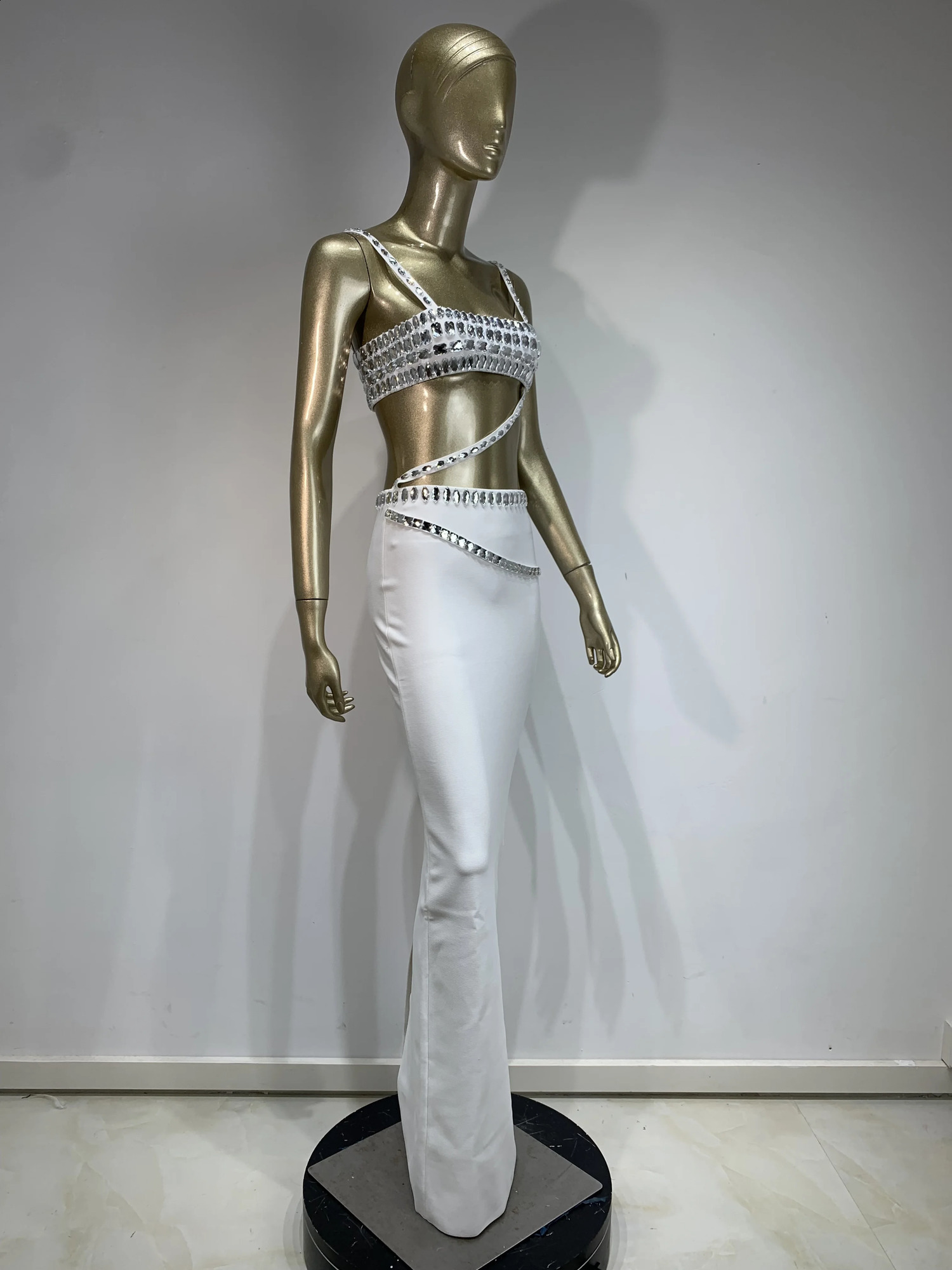 White Womens Sexy Square Neck Shining Crystal Hole Body Bandage Long Dress Celebrating Evening and Birthday 240820