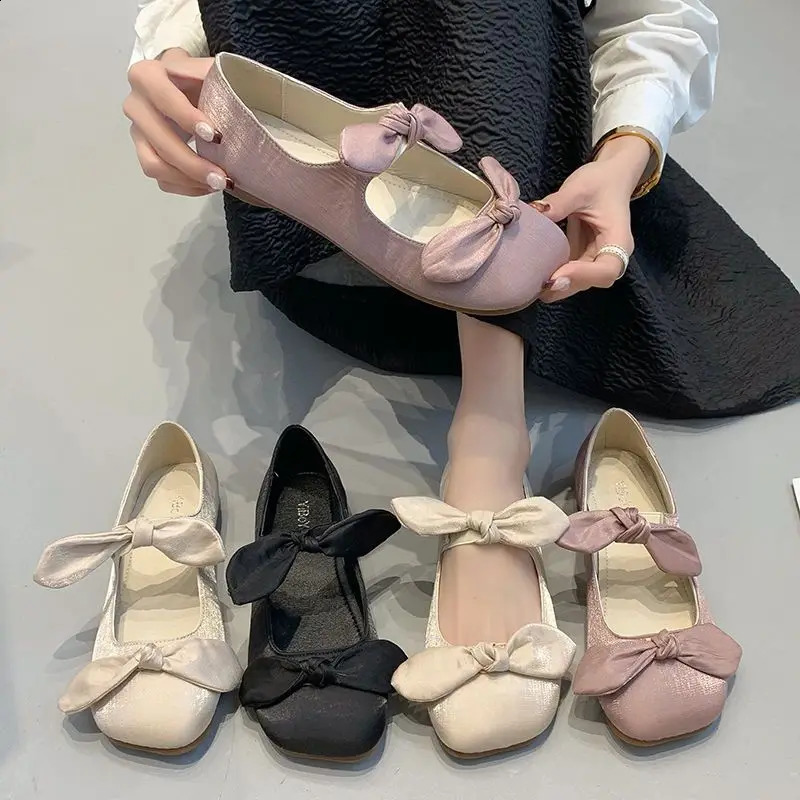 Shoes for Women Flats with Bow Ladies Summer Footwear Pink Kawaii Square Toe Cute Flat on Offer Promotion Vacation E Spring 240820