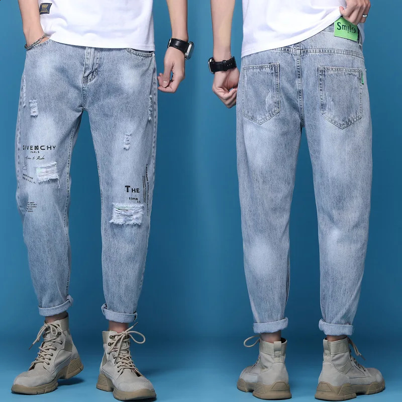 Ripped Jeans Mens Summer Thin Trendy Retro Washed Distressed Loose Elastic Versatile Light Blue Denim Pants 240821
