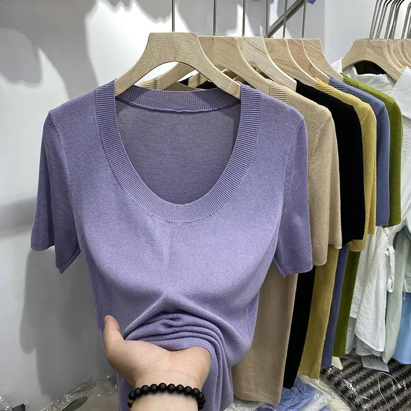 Ice Silk Knitwear U-neck Knitwear Top Womens Summer Soft and Waxy Elastic Slim Scoop Neck Short-sleeved T-shirt Sweater Top 240820