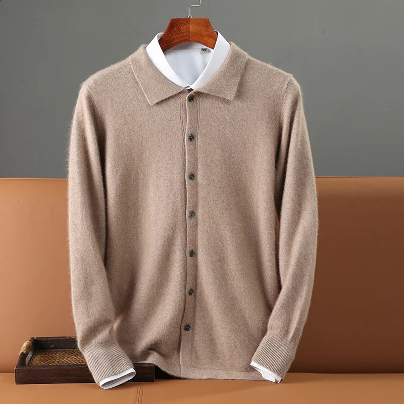 Autumn and Winter Mens 100% Mink Cashmere Thick Sweater Knitted POLO Collar Jacket Casual Business Long Sleeved Cardigan 240821