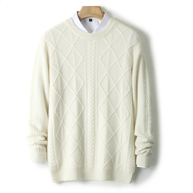 Autumn And Winter 100% Cashmere Sweater Mens Round Neck Thick Pullover Sweater Business Casual Solid Color Twisted Sweater. 240821
