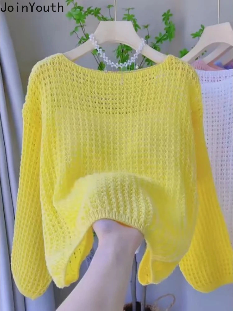 Fashion Tops Womens Handle Long Sleeve OCollar Jumper Thin Hollow Knitted Cutting Sweater Suede Printing Machine 240821