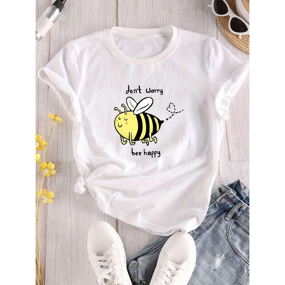 Bee Cartoon Print Crew Neck T-Shirt, Casual Short Sleeve T-Shirt For Spring & Summer, Women's Clothing