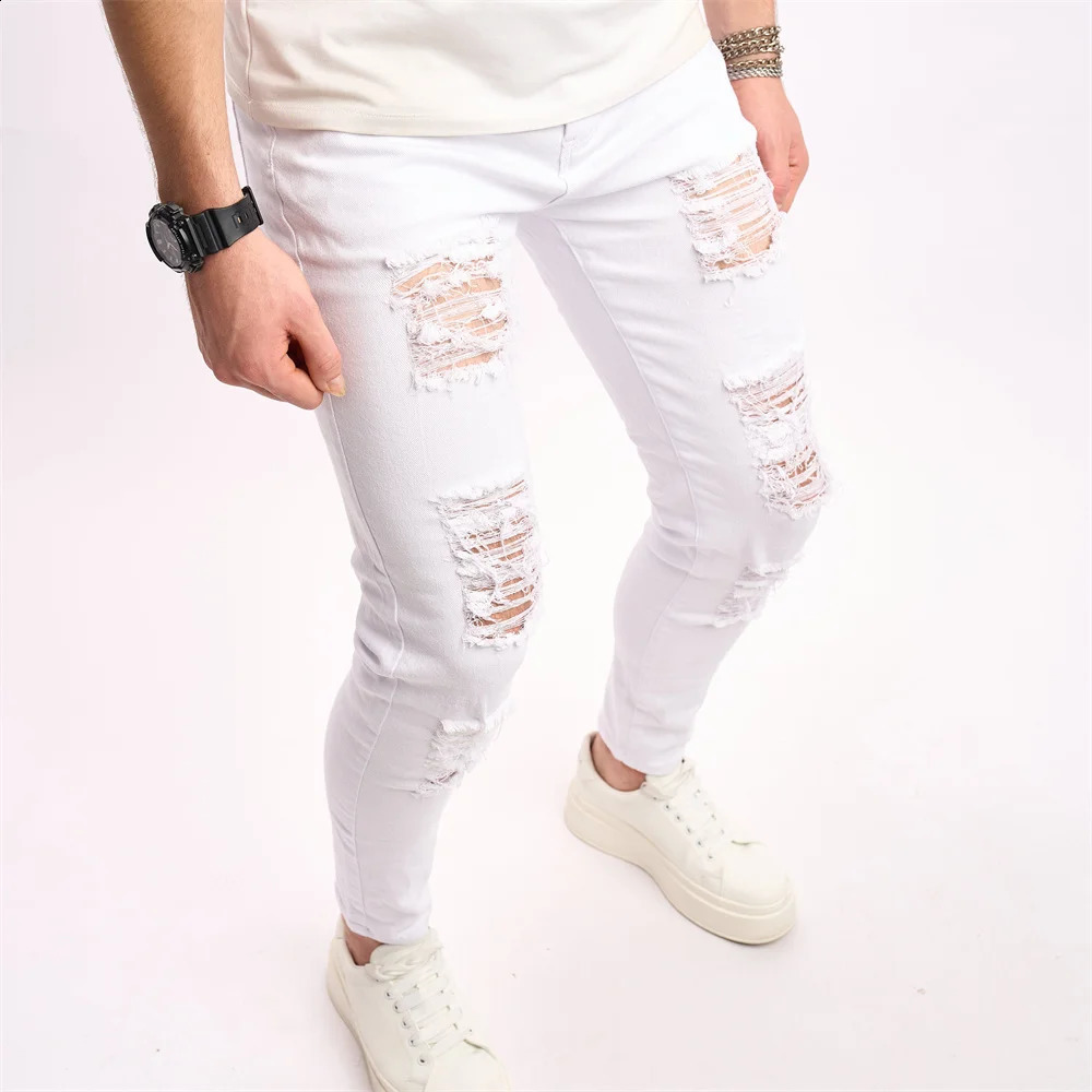 Stylish Holes Distressed Street Style Men Skinny Jeans Male Stretch Slim Trousers Solid Ripped Pencil Denim Pants 240821
