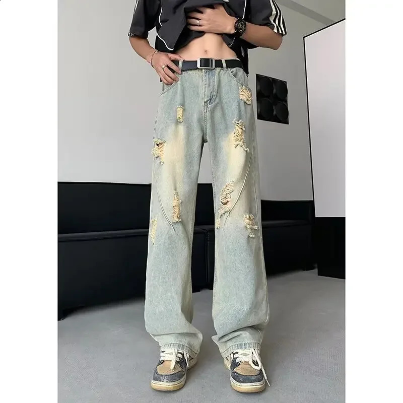 Vintage Wide-leg Jeans For Men Style Loose-fit Versatile Ripped n Sensibility Straight-leg Pants American Style 240821