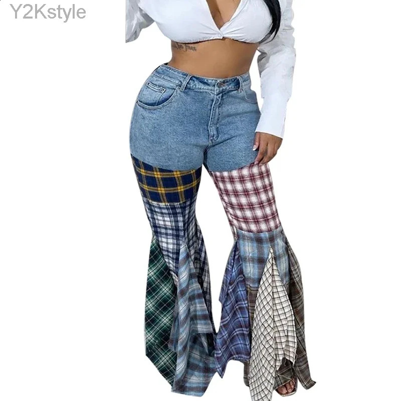 Patchwork Ruffle Flare Jeans Spring Women High Waist Plaid Printed Casual Street Jeans Trousers 240821
