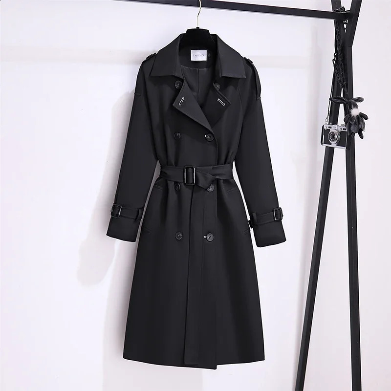 Trench Coat for Women Double Breasted British Coats and Jacket 2023 Winter Clothe Tie Waist Long 240820