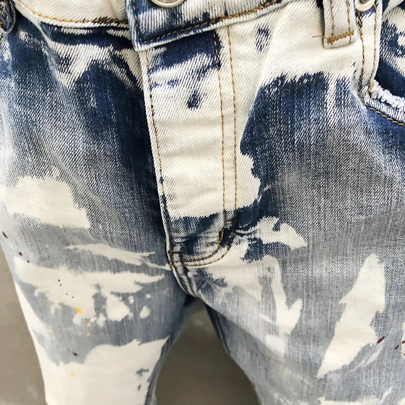 Street Retro Skinny Jeans Men Paint Inkjet White Jean Blue Motorcycle Pants Streetwear Trousers Stretch Pantalon Vaqueros Hombre 240821