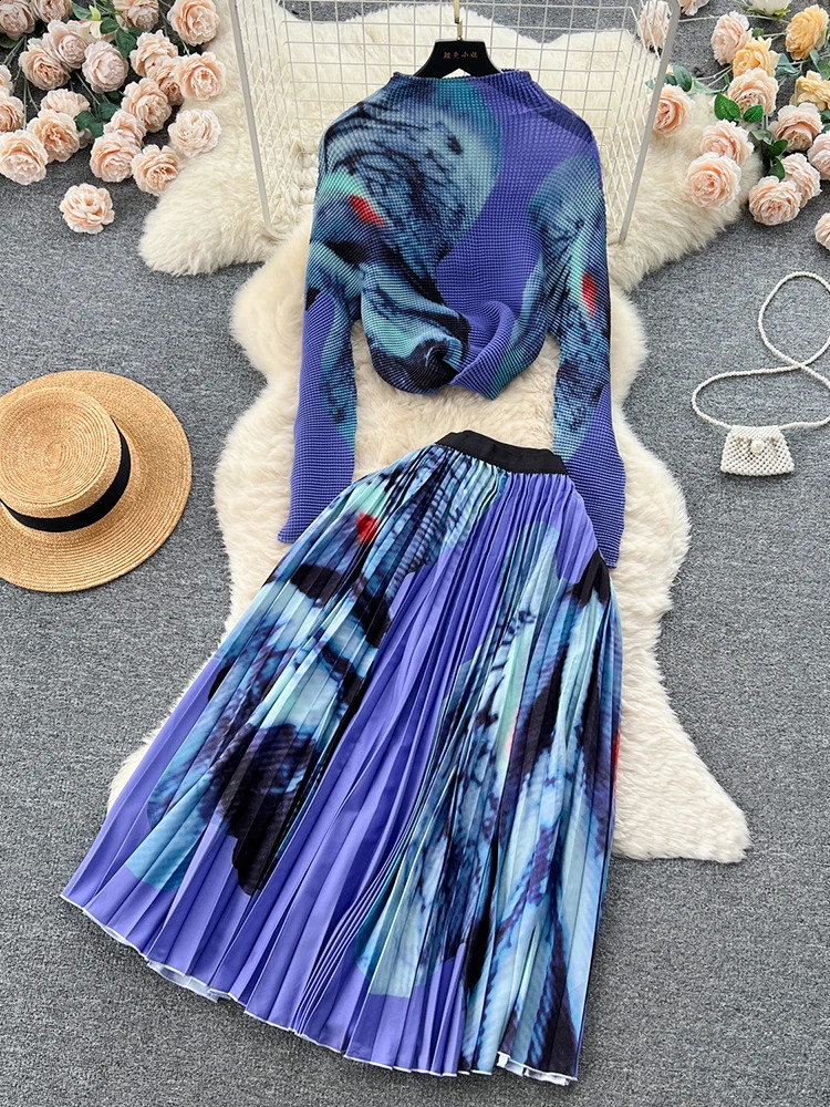 XFPV Womens Print Elastic Slim Pleated Top High Waist Pleated Half Skirt Two Piece Set Korean Fashion Spring Autumn 240820