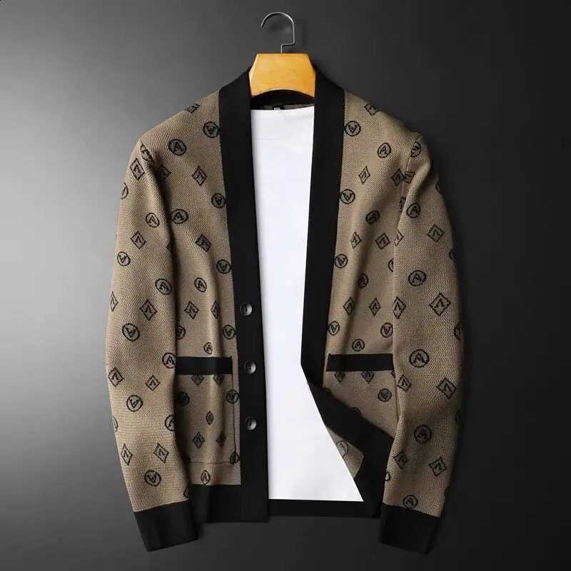 Mens Clothing Long Sleeve Patchwork Tops Solid Color Man Fashion Knitting Cardigan Casual Coat Autumn Winter Sweaters 240821
