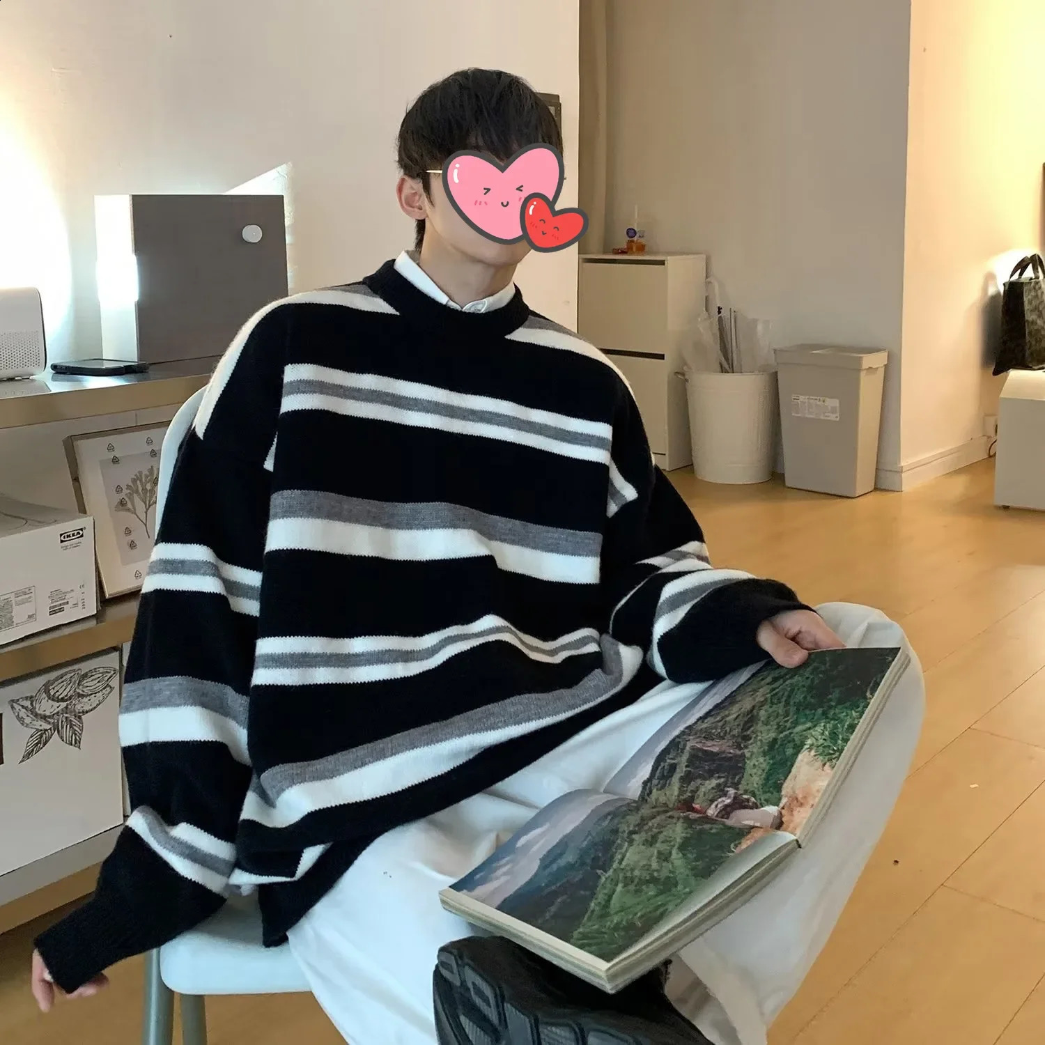 Japanese style round neck striped mens sweater for spring and autumn loose knit top with wide sole casual 240821