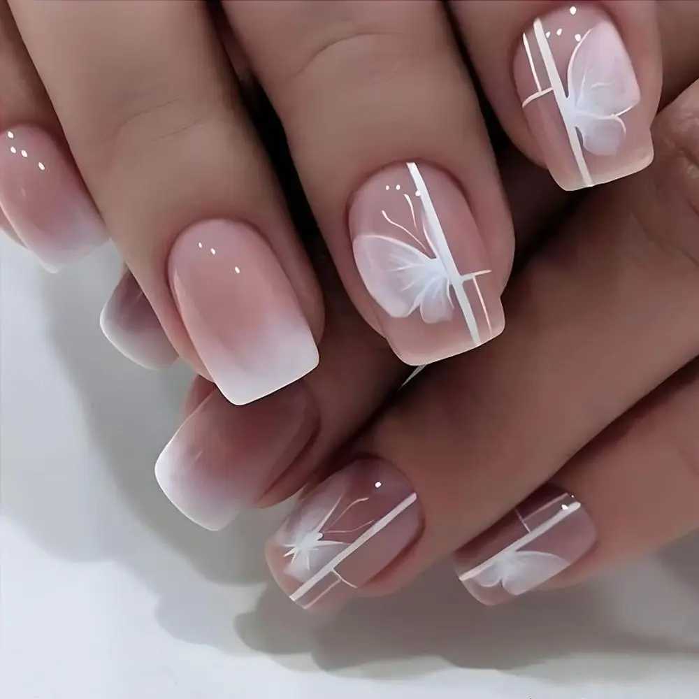 Fashion 24Pcs Short Square False Nails French White Butterfly Fake Nails Full Cover Press on Nails Detachable Nail Tips Nail ArtXJ241025