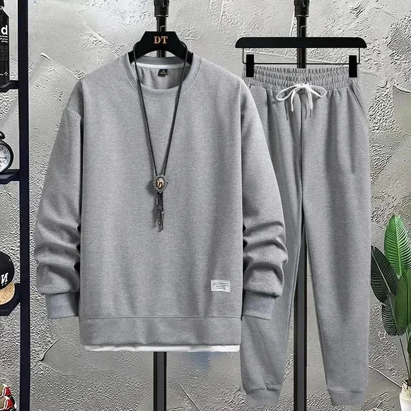 Mens Waffle Suit Sets Casual Long Sleeved Sweatshirt and Pants for Sports Mens T-shirt Hoodie Casual Trousers Set Loose Fit 240821