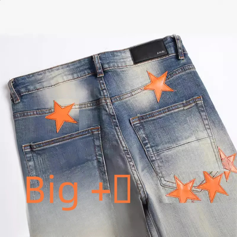 Vintage Punk Slim Fit Denim Jeans Embroidery Star Pattern For Men Casual Style Elastic Waist Breathable 240821