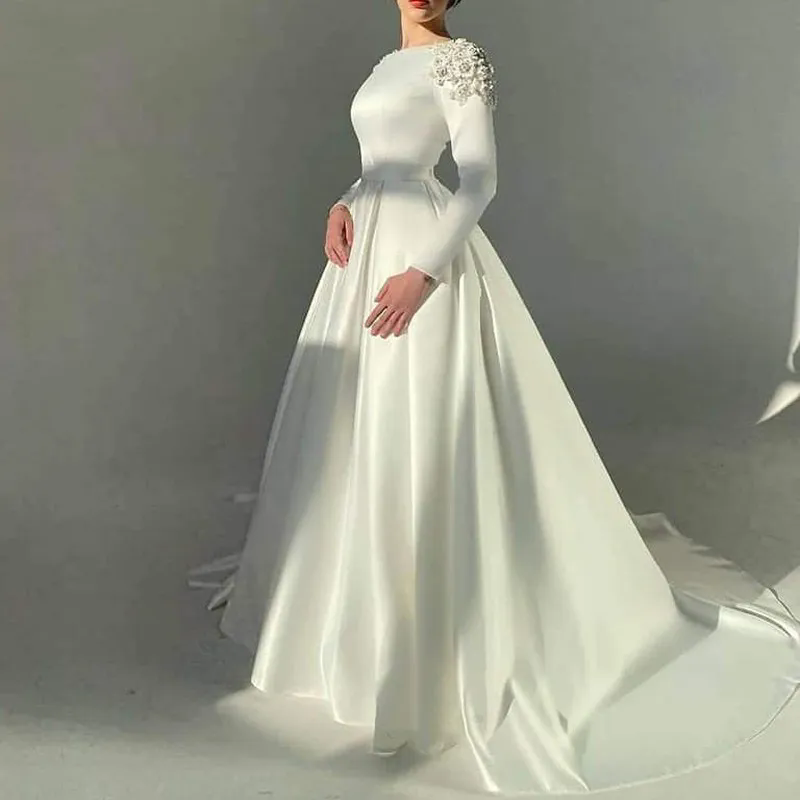 Vintage White Stain Wedding Dresses 2025 Beadings Long Sleeves Bridal Gowns Vestidos De Novia