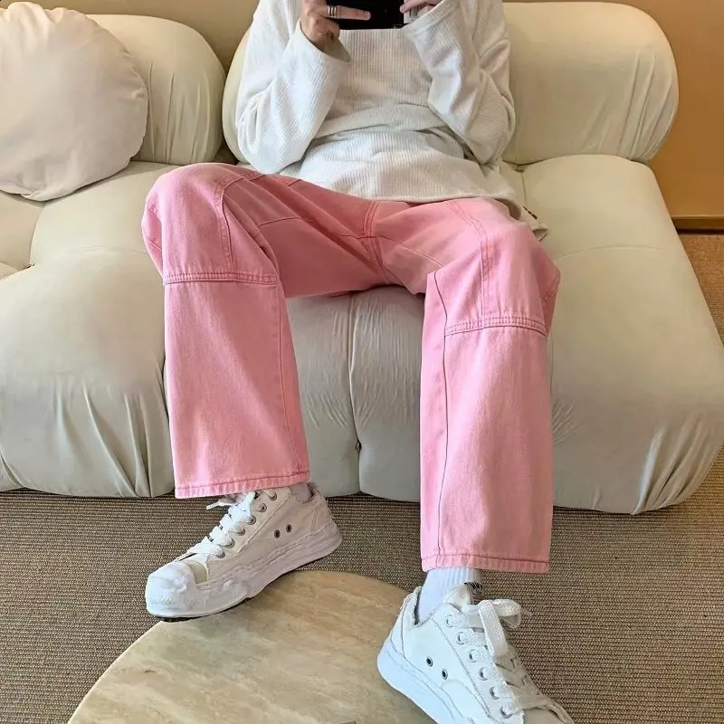 Fashion Pink Baggy Men Cargo Jeans Pants Elegant Straight Casual Women Solid Long Trousers Y2K Clothes Pantalon Homme 240821