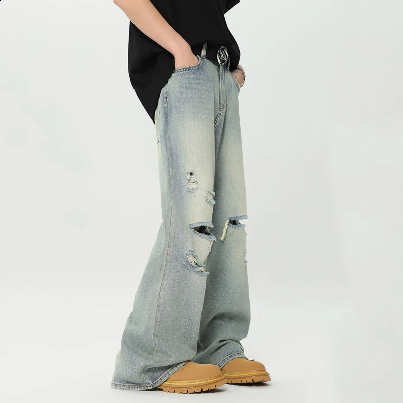 IEFB High Street Mens Jeans Straight Loose Hole Worn-out Men Denim Pants Summer Trendy Male Trousers Women 9C6631 240821