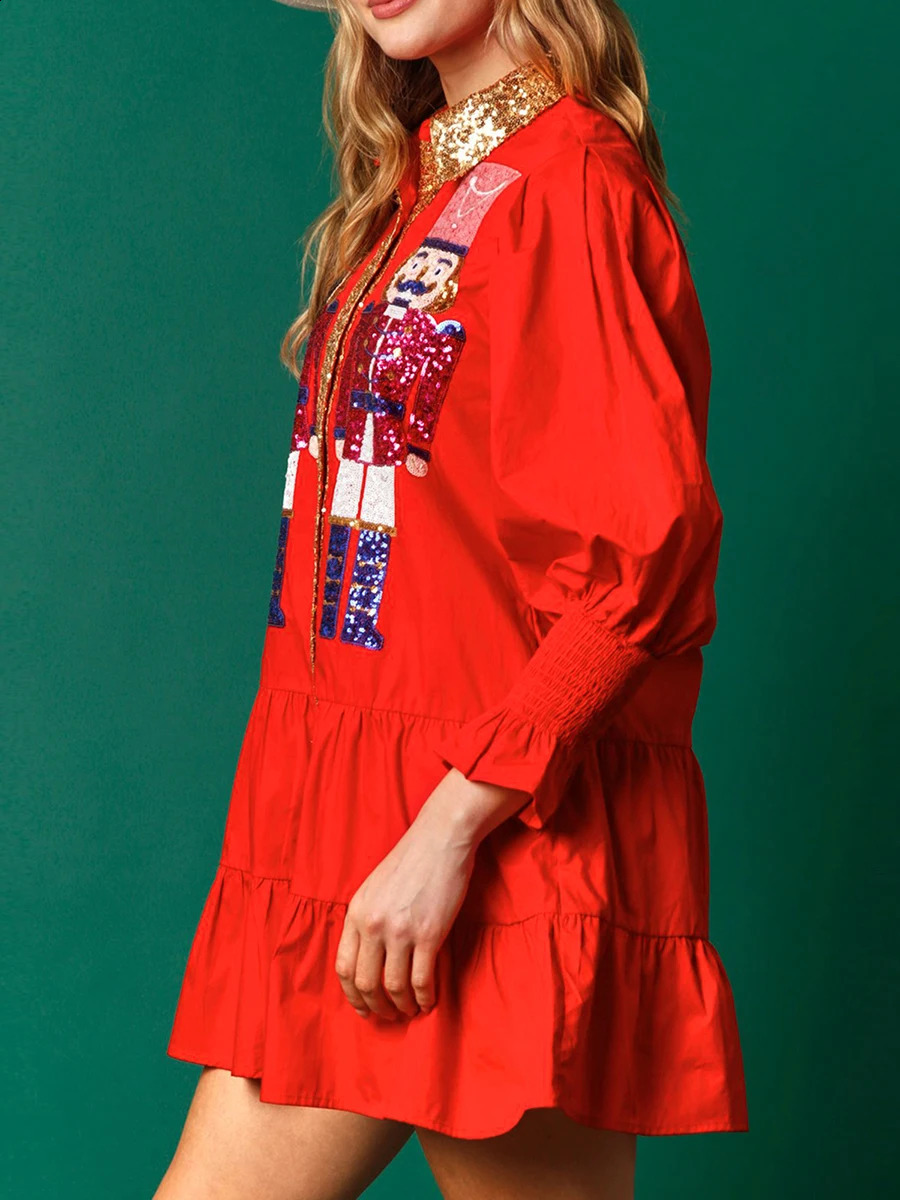 Women Sequin Christmas Nutcracker Shirt Dress Holiday Party Santa Sweatshirt Dresses Long Sleeve Tiered Mini Sundress for Prom 240821