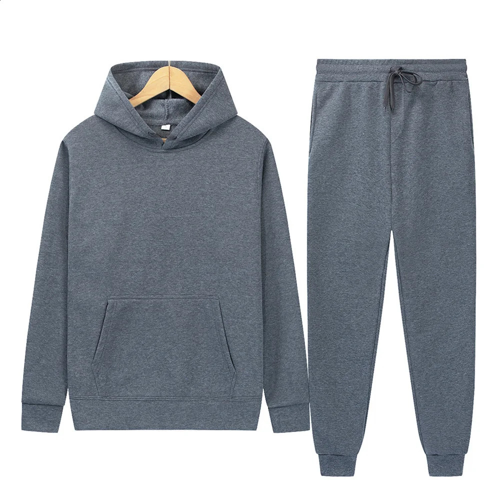 Autumn and winter men and womens minimalist solid color hoodiepants two-piece fashion casual sports set 240821