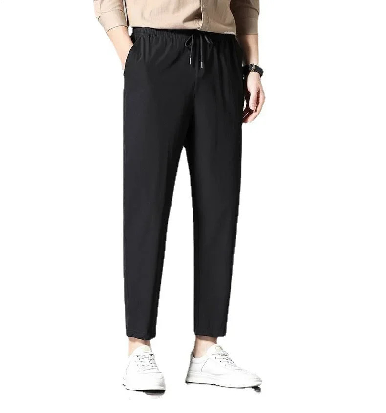 Mens Summer Silk Casual Pants Thin Sports Tights Straight Leg Nine Point 240821