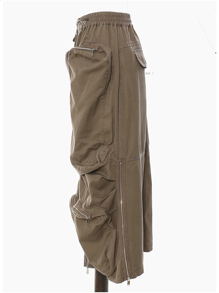 EAM High Elastic Waist Brown Pocket Zipper Long Casual Half-body Skirt Women Fashion Spring Autumn 1DE9890 240820