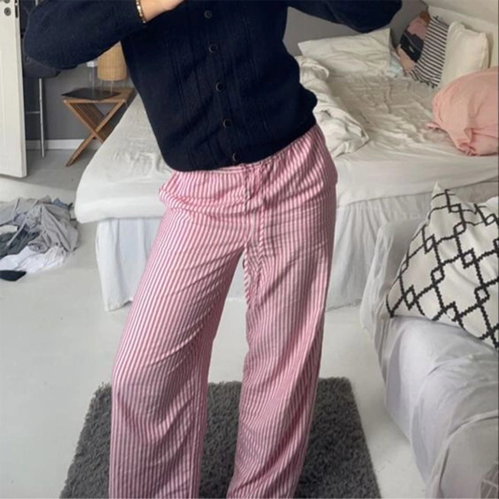 Gaonuo womens casual striped printed pants brushed elastic waist loose with pocket streetwear y2k clothing 240821