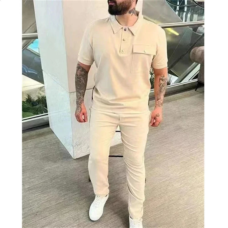 Spring and autumn mens sportswear solid casual loose comfortable mens suit short sleeved polo shirt and pants two-piece set mens suit 240827