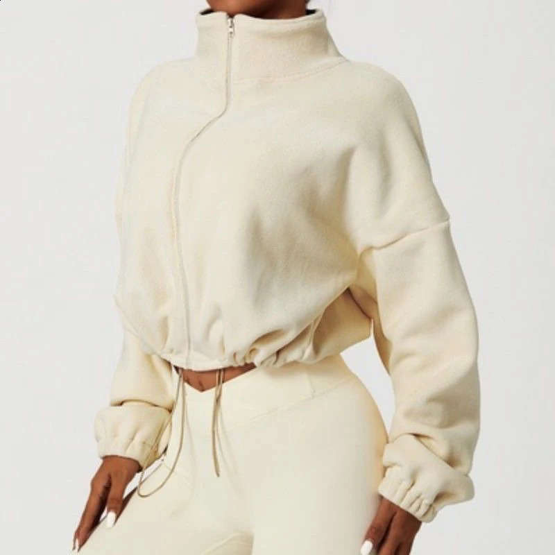 Streetwear Zipper Up Cropped Sweatshirt Women Autumn Casual Long Sleeve Lambs Wool Jacket Woman Drawstring Stand Collar Coats 240821